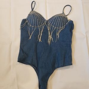 Denim rhinestone bodysuit